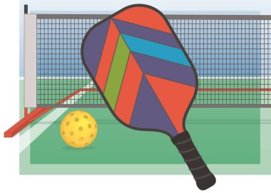 Pickleball spor raketi, açık hava topu ve arka planda kort ile ağ