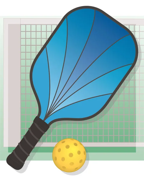 Pickleball Sport Bleu Pagaie Balle Extérieure Avec Filet Arrière Plan — Image vectorielle
