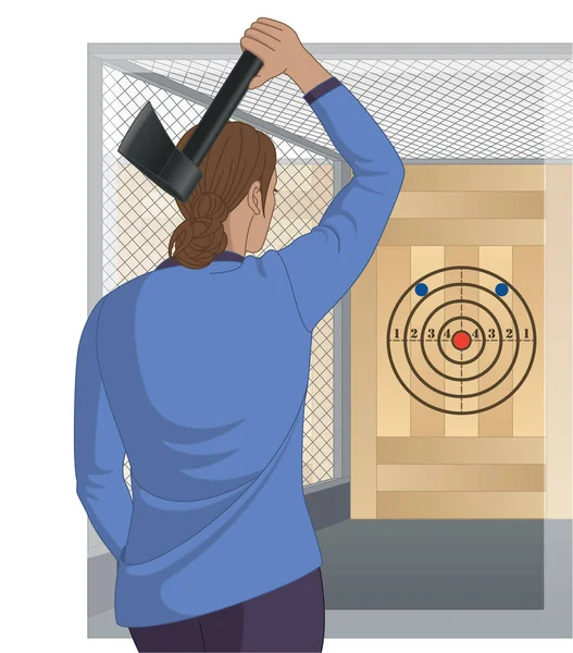 斧头投掷运动 女用斧头瞄准有笼背景的目标 — 图库矢量图片