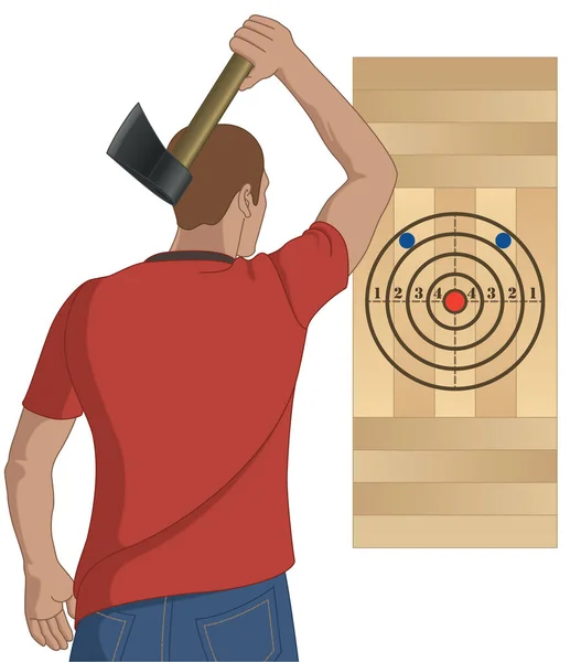 斧头投掷运动 男性用斧头瞄准孤立在白色背景下的目标 — 图库矢量图片