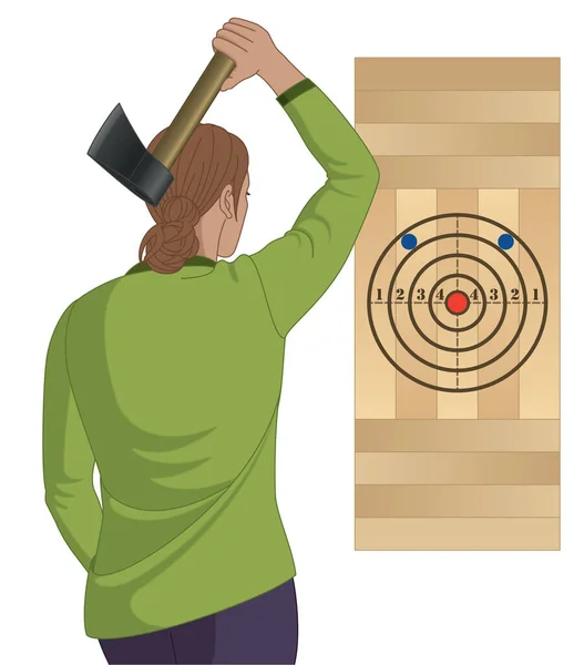 斧头投掷运动 女用斧头瞄准孤立在白色背景下的目标 — 图库矢量图片