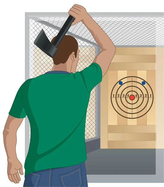 斧头投掷运动 男性用斧头瞄准有笼背景的目标 — 图库矢量图片