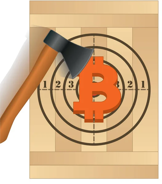 Business Bijl Gooien Tonen Beweging Gericht Bitcoin Teken Doel — Stockvector