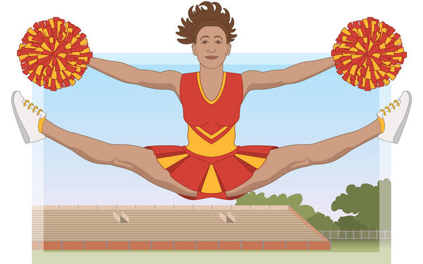 cheerleading, female cheerleader holding pom-poms jumping in X jump with stadium and sky in background
