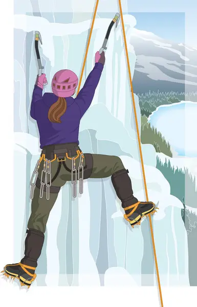 Alpejski Wspinaczka Kobieta Wspinaczka Wspinaczka Lód Pomocą Toporki Lodu Noszenia — Wektor stockowy