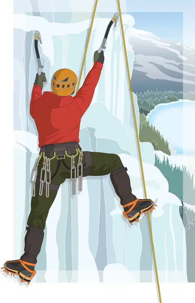 Alpské Lezení Samec Horolezec Šplhání Led Pomocí Ledové Sekery Nošení — Stockový vektor