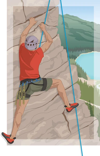 Kayalara Tırmanan Erkek Tırmanıcı Arka Planda Dağlara Ağaçlara Tepeden Bakan — Stok Vektör