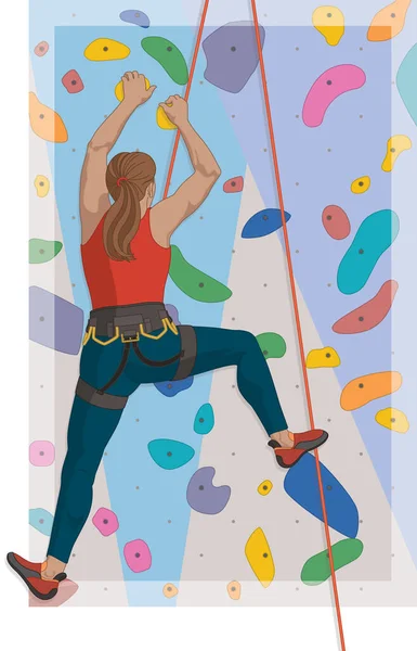 Spor Tırmanışı Yapan Kadın Tırmanıcı Arka Plandaki Yapay Kaya Duvarına — Stok Vektör
