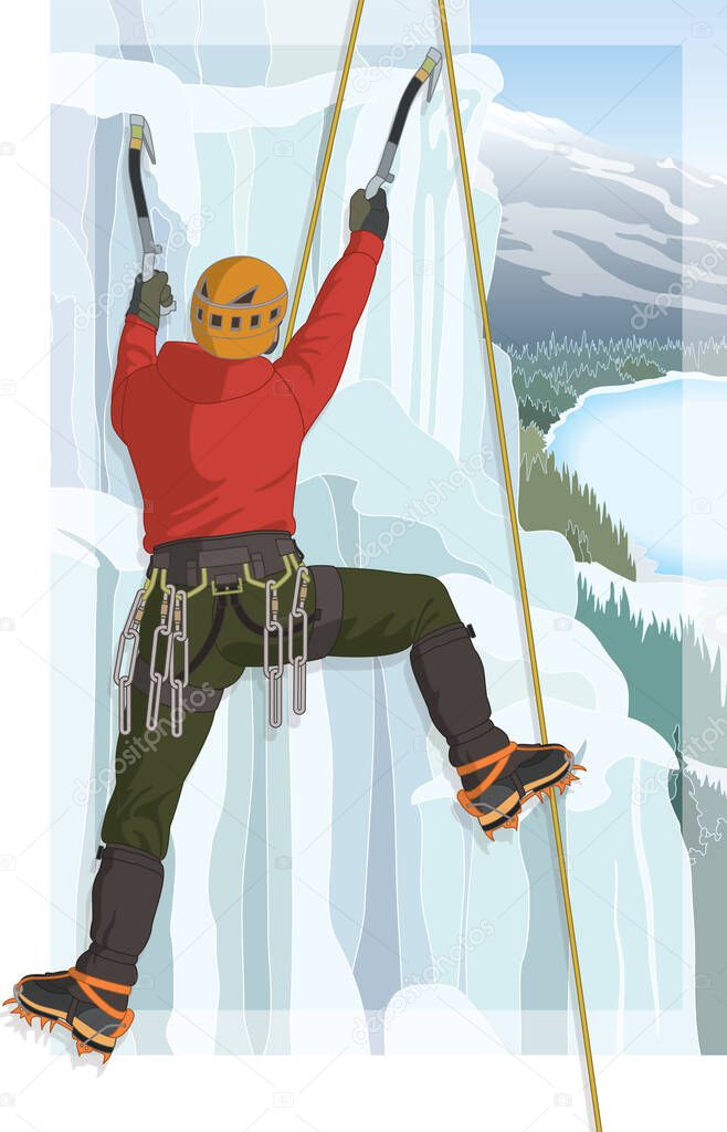 Escalador de hielo con crampones en botas de montaña - fotografía