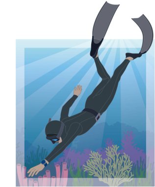 Serbest dalış yapan erkek yüzgeç ve dalgıç açık mavi sularda mercan ve güneş ışınlarıyla tropikal okyanusta