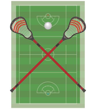 Lacrosse, bir çift lakros sopası çapraz ve top ortada, arka planda oyun sahası var.