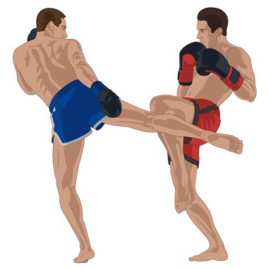 Kickboks, beyaz arka planda izole edilmiş iki erkek boksör arasındaki maç.