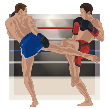 Kickboks, arka plandaki boks ringinde iki erkek boksör arasındaki maç.