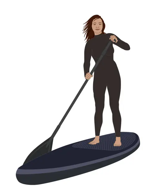 Paddleboarding Paddle Boarding Sup Fêmea Stand Dup Paddler Vestindo Wetsuit Vetor De Stock