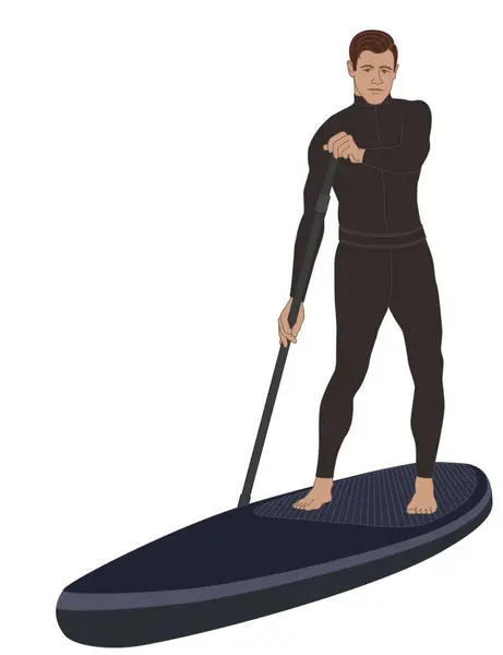 Paddleboarding Paddle Boarding Sup Macho Stand Dup Paddler Vestindo Wetsuit Vetores De Stock Royalty-Free
