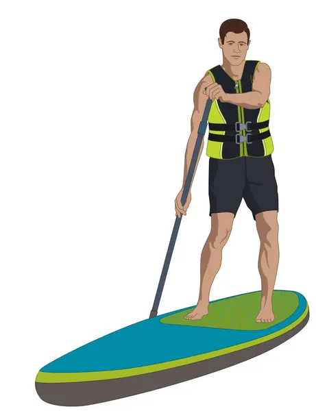 Paddleboarding Paddle Boarding Sup Macho Stand Dup Paddler Vestindo Colete Gráficos De Vetores