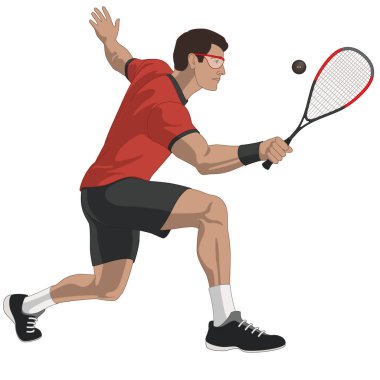 Squash sporu, erkek oyuncu topa vuruyor. Beyaz arka planda izole edilmiş.