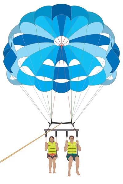 stock vector parasailing, couple under a blue parachute in mid air isolated on a white background