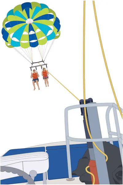 stock vector parasailing, couple under a colorful parachute in mid air towed behind a motor boat isolated on a white background