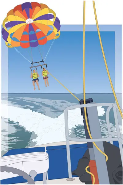 stock vector parasailing, couple under a colorful parachute in mid air towed behind a motor boat over water