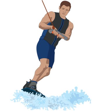 Wakeboard sporu, beyaz bir arka planda izole bir şekilde Wakeboard 'a binen erkek binici.