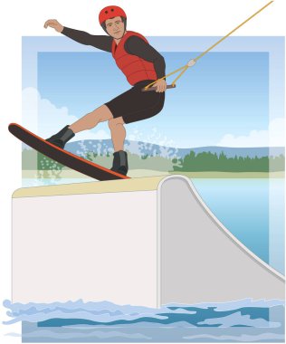 wakeboard sporu, erkek binici bir wakeboard üzerinde açık denizde rampadan atlıyor.