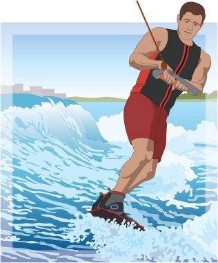 wakeboard sporu, erkek binici bir wakeboard 'un üzerinde açık denizde sürüş