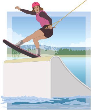 Wakeboard sporu, Wakeboard 'da kadın binici rampadan açık denizde atlıyor.