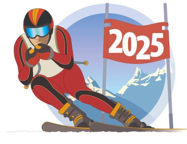 2025 mutlu yeni yıl konsepti kayakçının yokuş aşağı yarışları yeni yıl 2025 ile kırmızı bayrak geçirmesi 