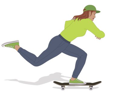 Kaykay, kadın kaykaycı beyaz bir arka planda kaykayı araç olarak kullanıyor.