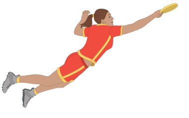 Nihai frizbi, diski havada yakalayan bayan oyuncu beyaz arka planda izole edilmiş.