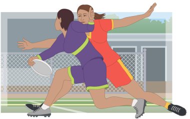 ultimate frisbee, female player intercepting opposing team player from throwing disk with outdoor playing area in the background clipart