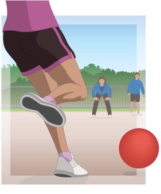 kickball, back view of female player ready to kick the ball towards opponents with the playing field in the background clipart