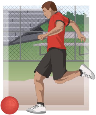 kickball, male player in motion to kick the ball with the playing field in the background clipart