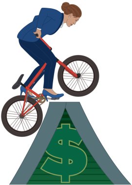 business woman, BMX bike concept of jumping over a ramp with dollar sign, showing extreme volatility of finance markets or economy isolated on a white background clipart