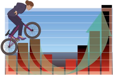 business woman, BMX bike concept of riding along an arrow showing extreme volatility of markets or economy with bar graph in the background clipart