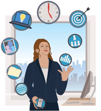 İş kadını birden fazla iş ikonu, iş dünyasının tüm yönlerini idare etme kavramı, arka planda gökyüzü manzaralı bir ofiste.