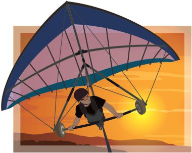 yamaç paraşütü, erkek planör günbatımında dağların üzerinde süzülüyor.