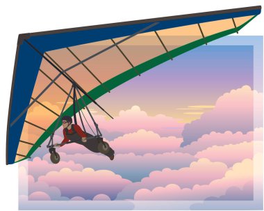 askılı planör, erkek planör pembe bulutların üzerinde süzülüyor gün batımında gökyüzünde