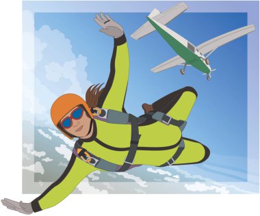 Paraşütle atlama, paraşütle atlama, kadın paraşütçü uçaktan atlama serbest düşüşte hızla inen, havada havada mavi gökyüzünün arka planına ve aşağıdaki zemine karşı