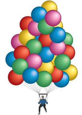 Küme balonu, erkek baloncu havada asılı beyaz bir zemin üzerinde izole bir balon kümesi altında