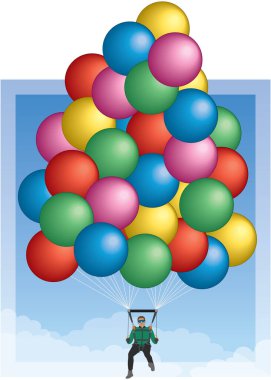 Küme balonu, erkek baloncu mavi gökyüzüne karşı bir balon kümesinin altında asılı.