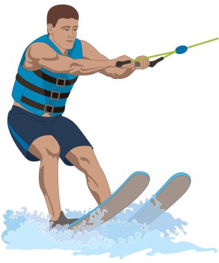 Su kayağı, çekici tutan erkek kayakçı beyaz arka planda izole bir şekilde gökyüzüne biniyor.