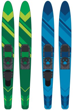 Su kayağı, iki çift su kayağı mavi ve yeşil, beyaz arka planda izole edilmiş.