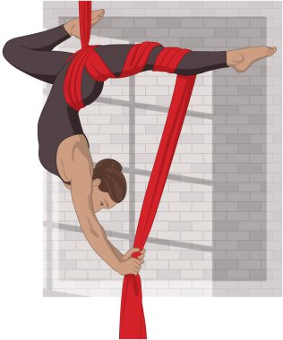 Havadan ipek akrobasi ve spor, askıda duran esnek kadın sanatçı. Tuğla duvardaki bir pencereden gölgesi olan havadan ipek kumaş kullanıyor.