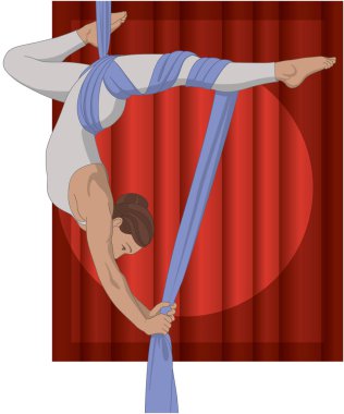 Havadan ipek akrobasi ve spor, esnek kadın sanatçı kırmızı perdelerin önünde havadan ipek kumaş kullanıyor.