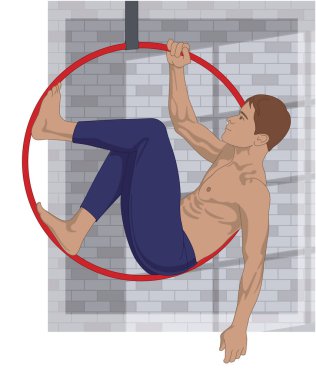 Hava çemberi akrobasi ve spor, askıya alınmış esnek erkek sanatçı, tuğla duvardaki bir pencereden gölgesi olan havadan bir halka kullanıyor.