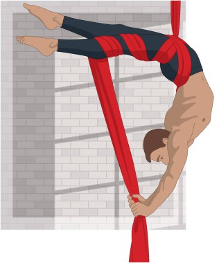 Havadan ipek akrobasi ve spor, askıda duran esnek erkek sanatçı. Tuğla duvardaki bir pencereden gölgesi olan havadan ipek kumaş kullanıyor.