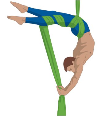 Havadan ipek akrobasi ve spor. Esnek erkek sanatçı, beyaz arka planda izole edilmiş havadan ipek kumaş kullanarak askıda duruyor.