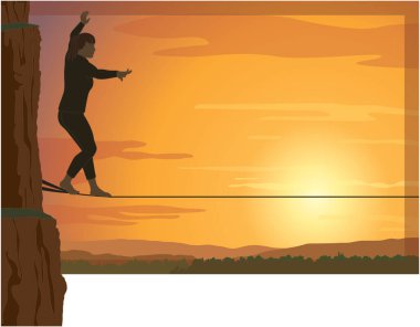 İp yürüyüşü, siluet içinde kadın yürüyüşü, bir ipin üzerinde dengelenen bir halat, yerden yukarıda asılı duran bir uçurum ve arka planda günbatımı gökyüzü.